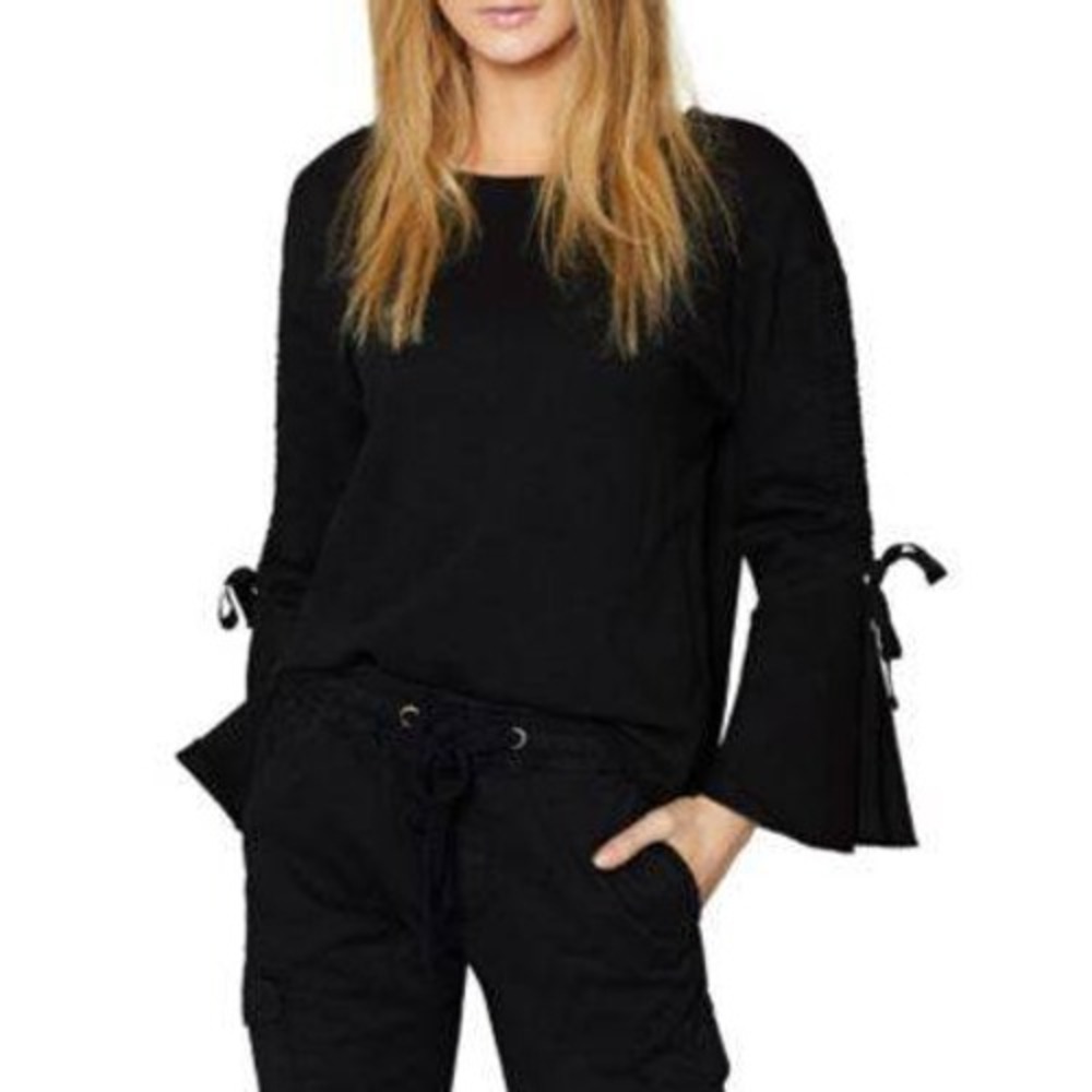 Sanctuary Ruffle Tie Bell Sleeve Sweatshirt Crew Neck Pullover Black Extra Small